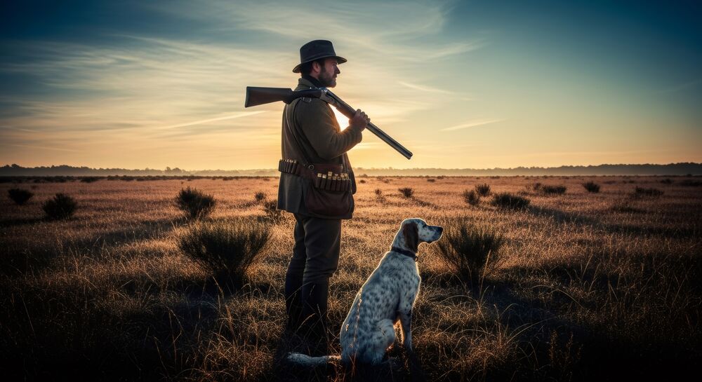 Shop online with McCloys Hunter with shotgun and dog in countryside at McCloys