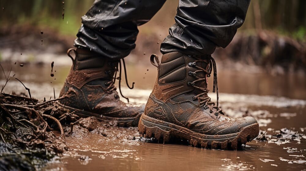 Muddy hunting boots on wet ground