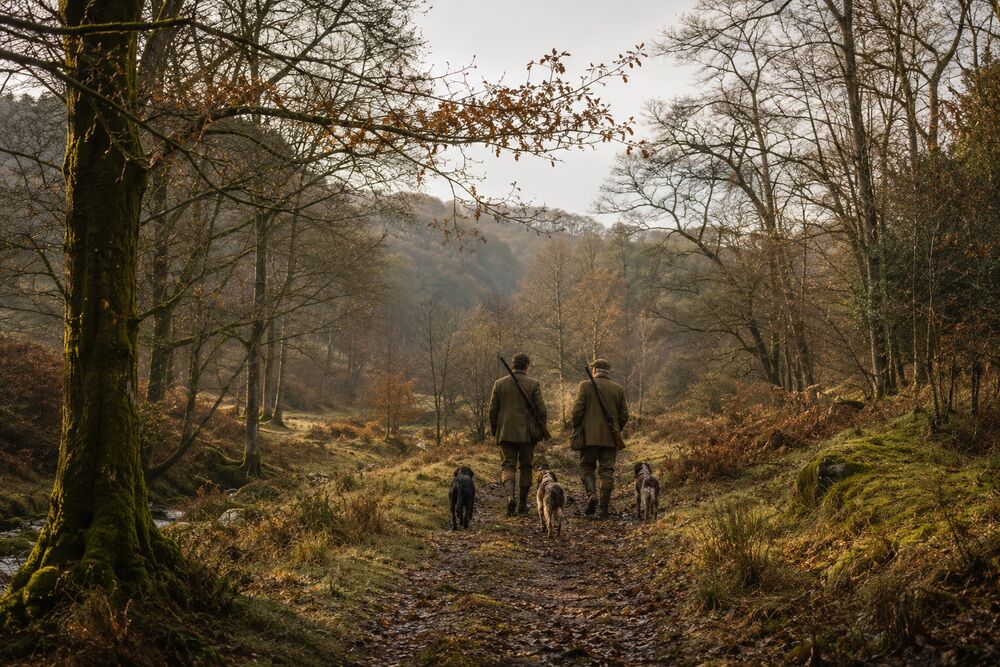 Hunters with shotguns and dogs on a woodland path