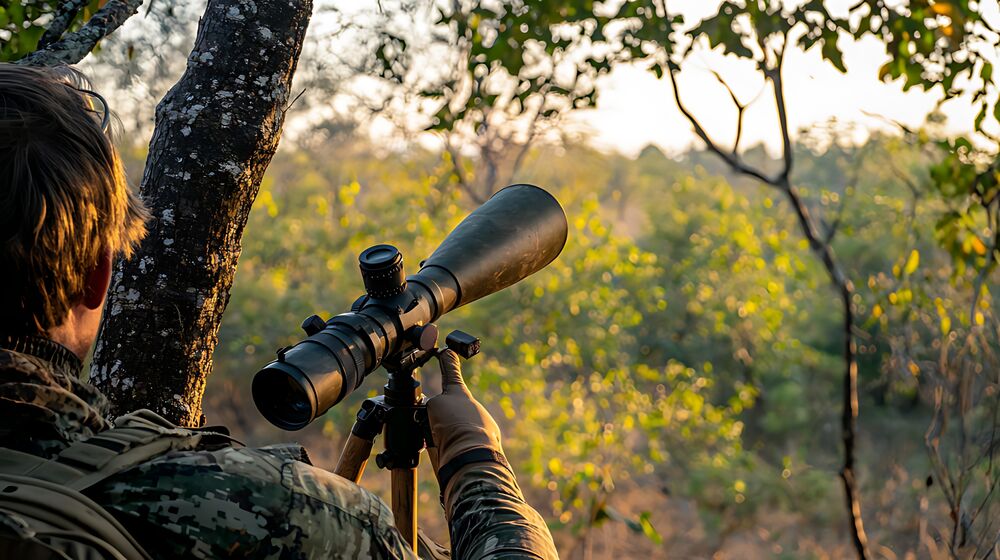 Hunter using a spotting scope at last light